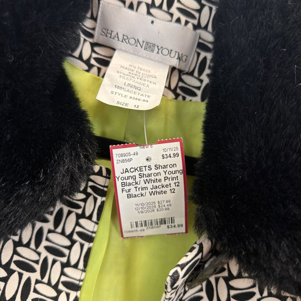 Sharon Young Black/ White Print Fur Trim Jacket 12
