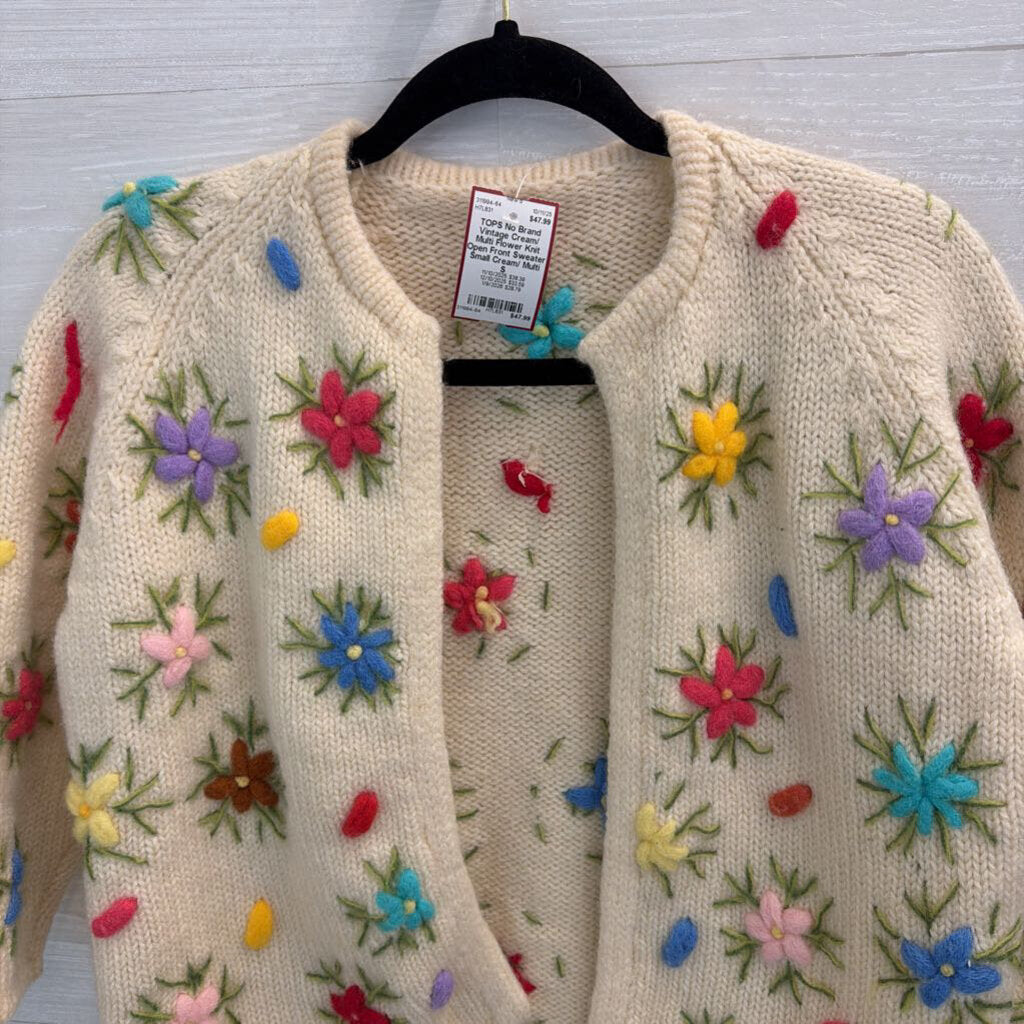 Vintage Cream/ Multi Flower Knit Open Front Sweater Small