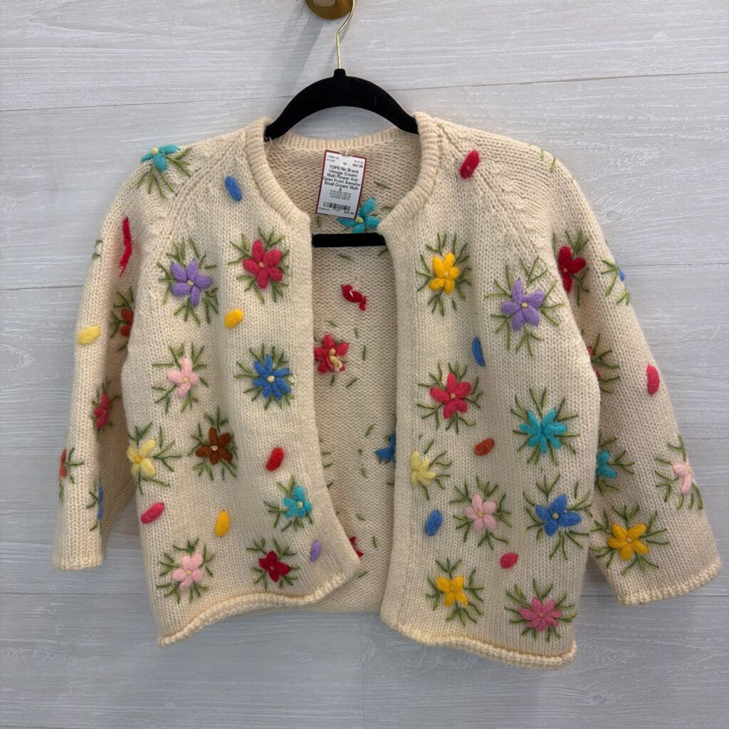 Vintage Cream/ Multi Flower Knit Open Front Sweater Small