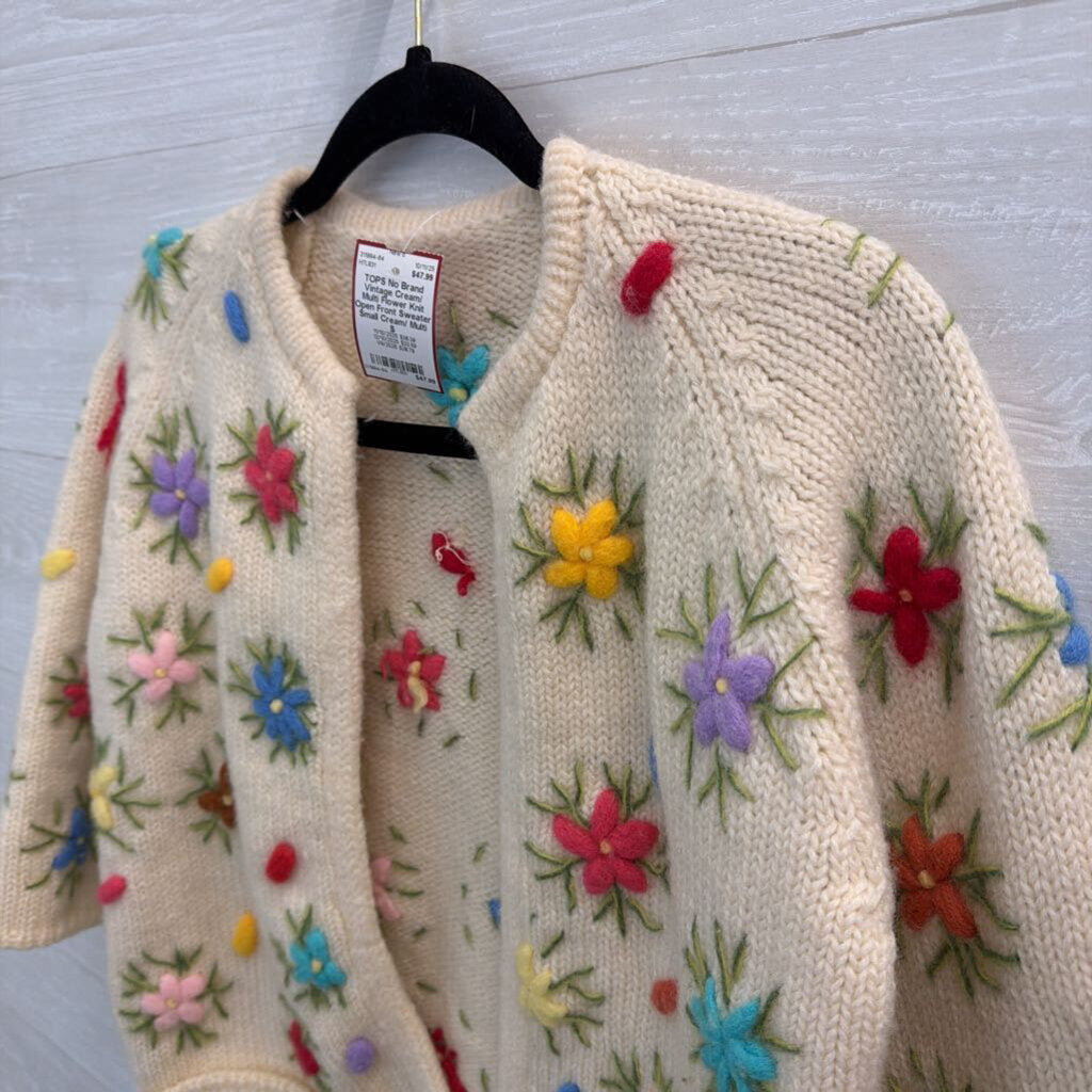 Vintage Cream/ Multi Flower Knit Open Front Sweater Small