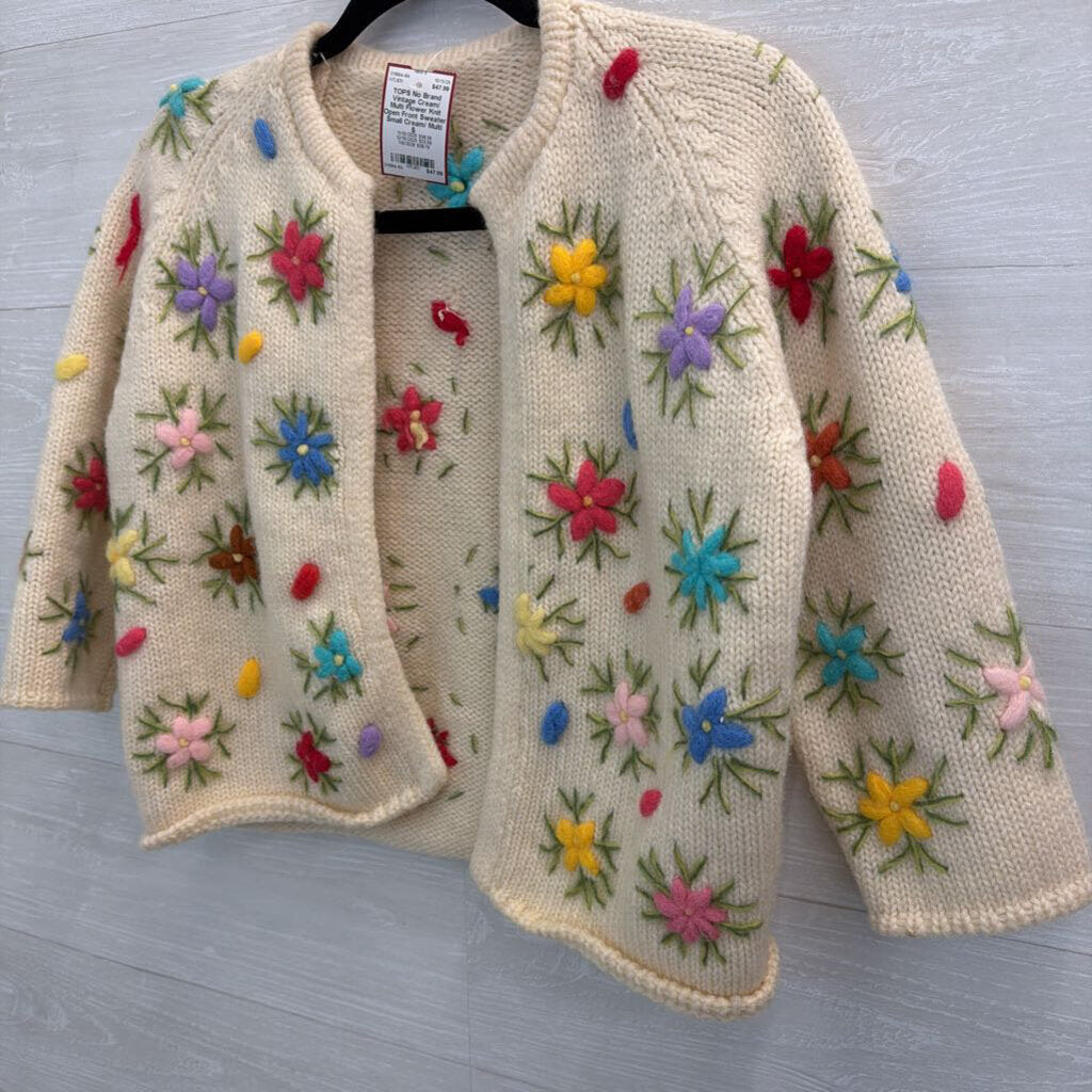 Vintage Cream/ Multi Flower Knit Open Front Sweater Small