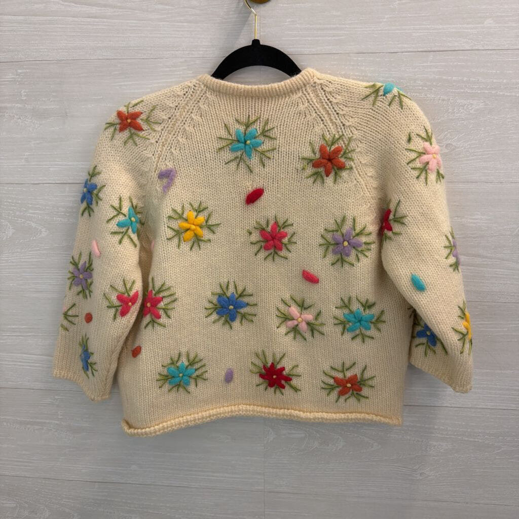 Vintage Cream/ Multi Flower Knit Open Front Sweater Small