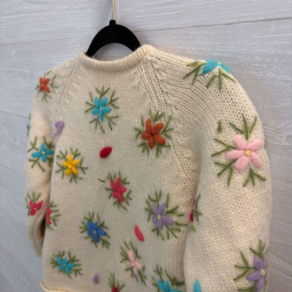 Vintage Cream/ Multi Flower Knit Open Front Sweater Small