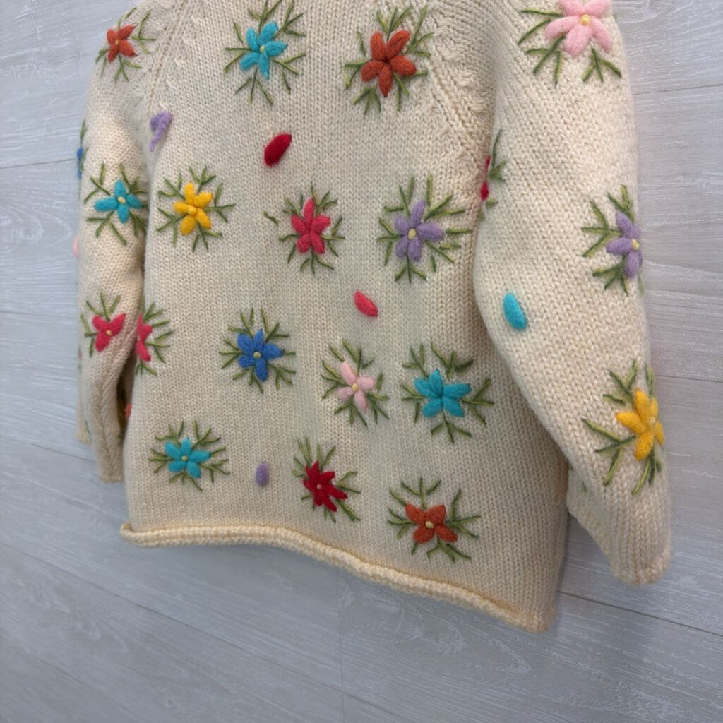 Vintage Cream/ Multi Flower Knit Open Front Sweater Small