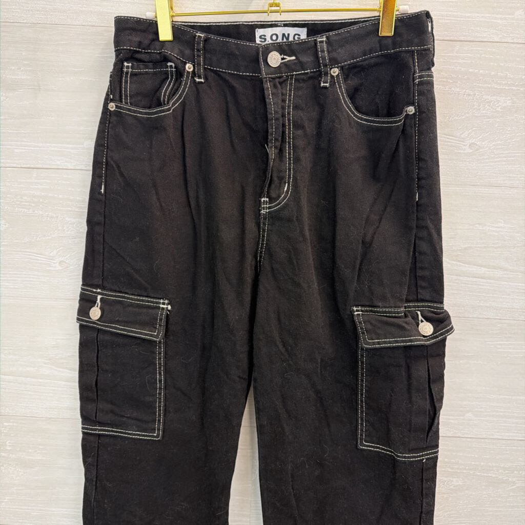 SONG Black/ White Stitch Wide Cargo Pants 29