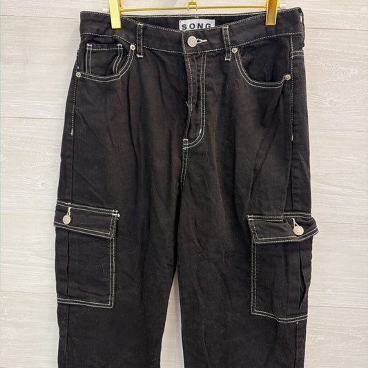 SONG Black/ White Stitch Wide Cargo Pants 29