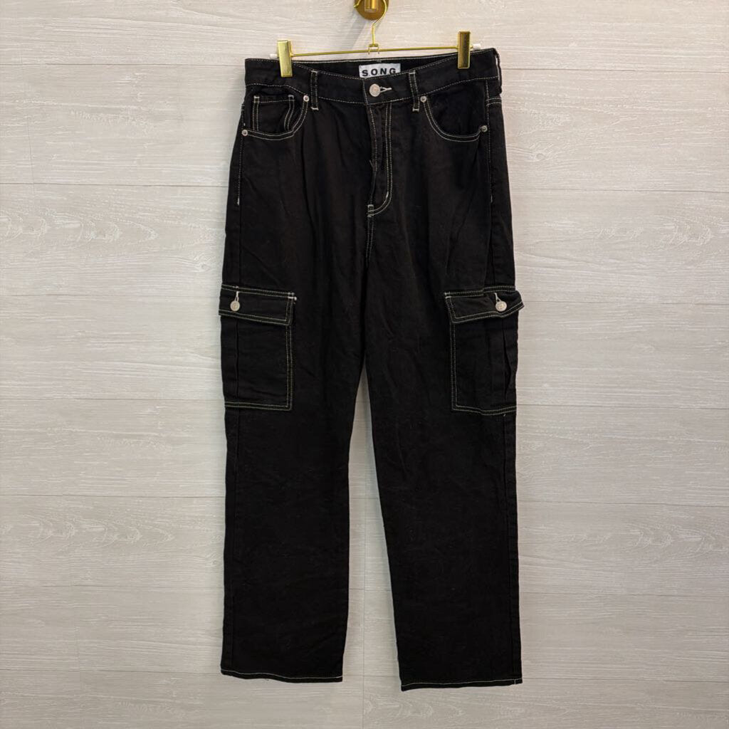 SONG Black/ White Stitch Wide Cargo Pants 29