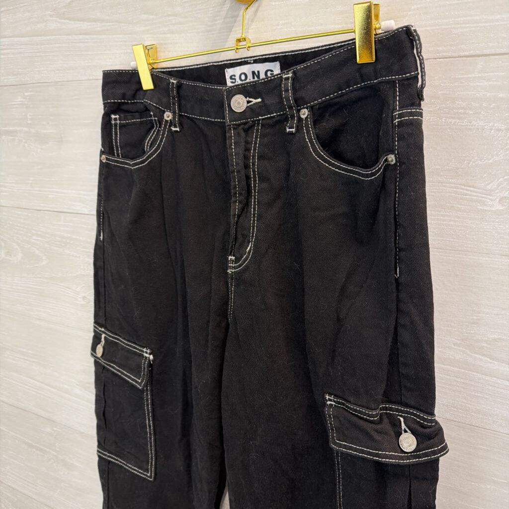 SONG Black/ White Stitch Wide Cargo Pants 29