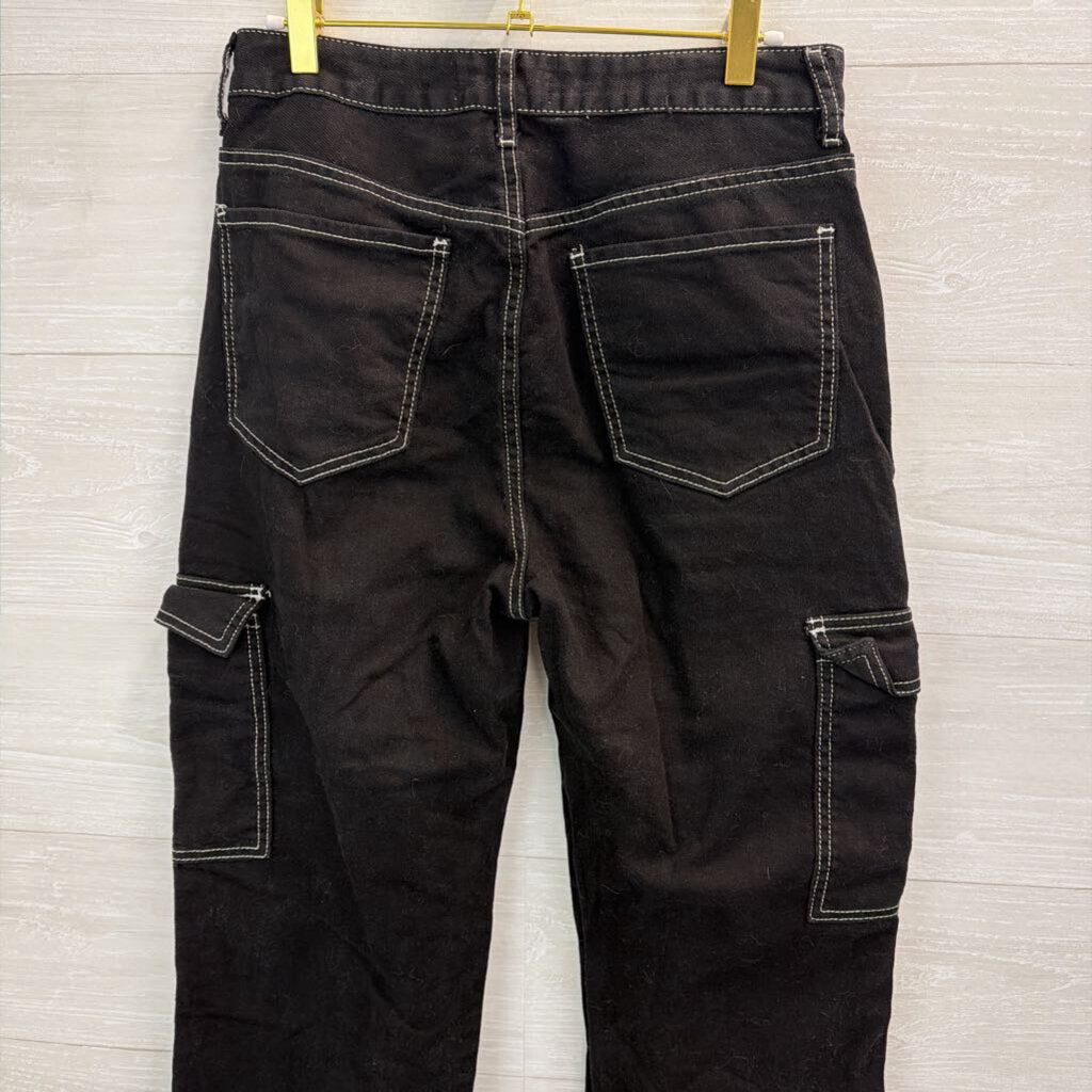 SONG Black/ White Stitch Wide Cargo Pants 29