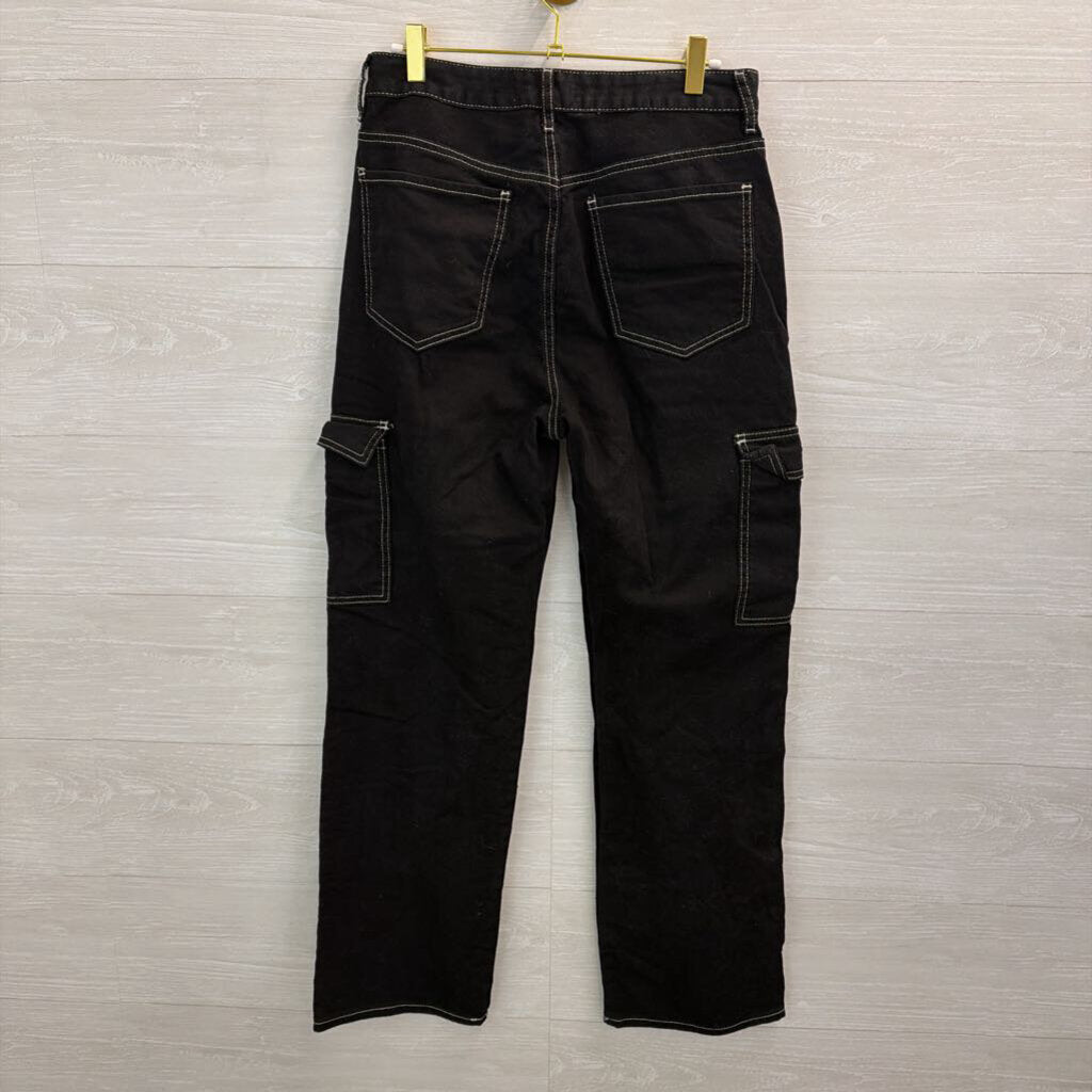 SONG Black/ White Stitch Wide Cargo Pants 29