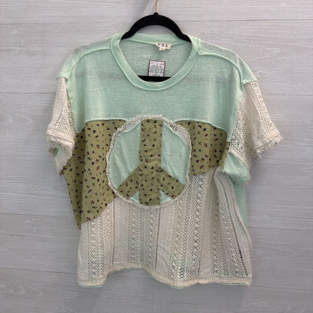 POL Green/ White Print Crochet Peace Sign Short Sleeve Top Medium