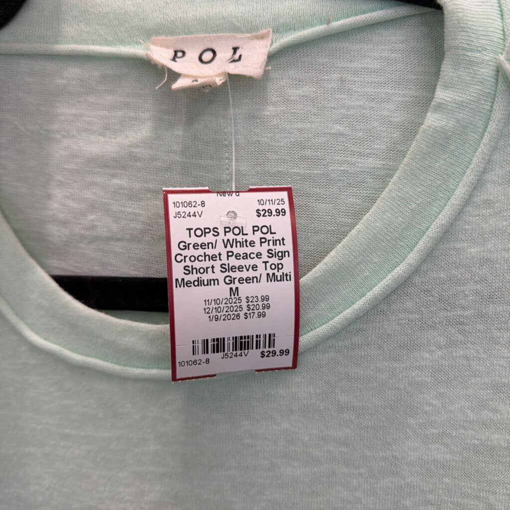 POL Green/ White Print Crochet Peace Sign Short Sleeve Top Medium