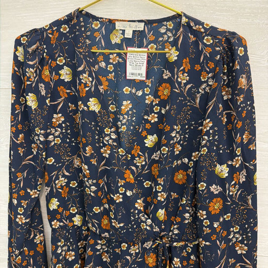 Nine Britton Navy/ Brown Flower Print Long Sleeve Faux Wrap Top Small