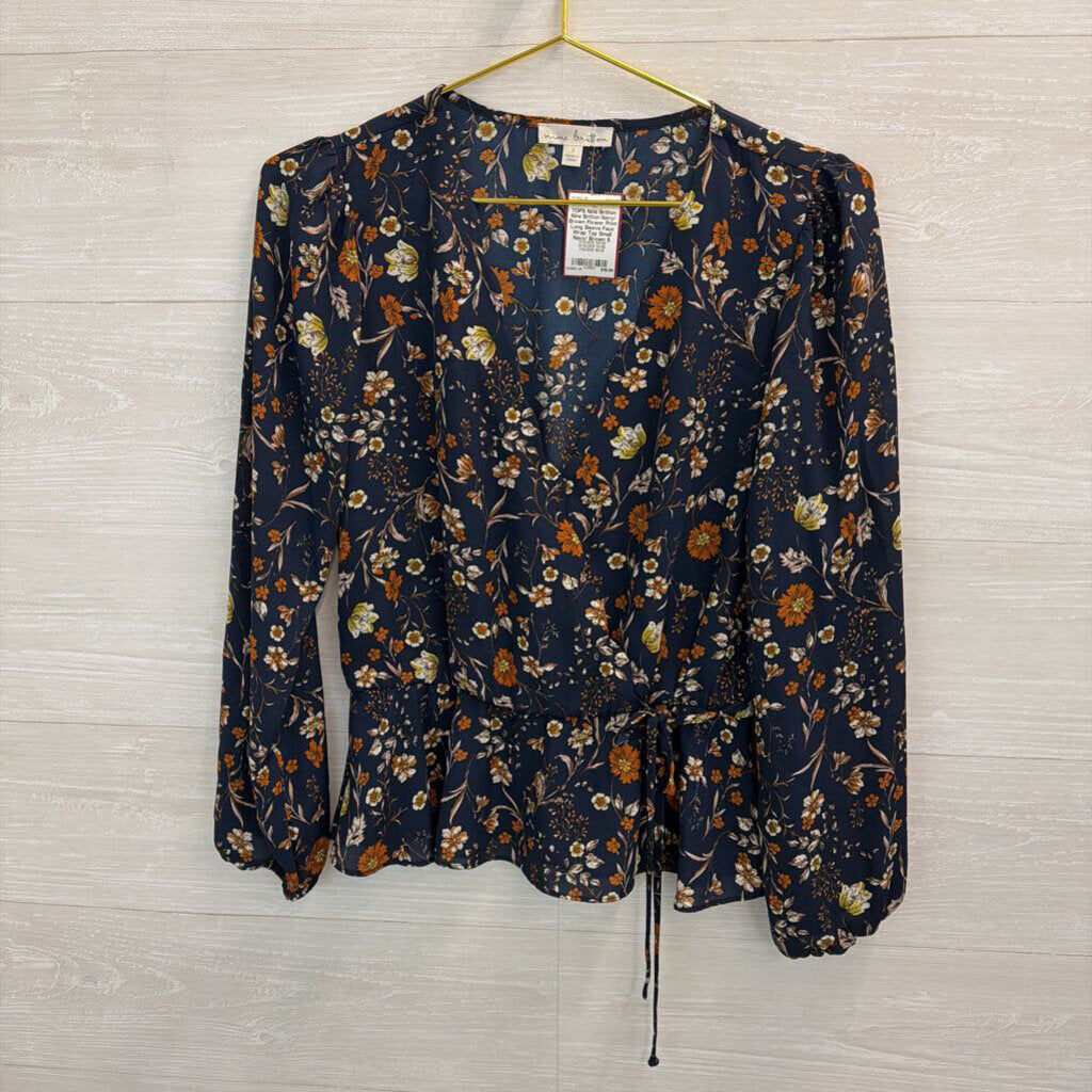 Nine Britton Navy/ Brown Flower Print Long Sleeve Faux Wrap Top Small