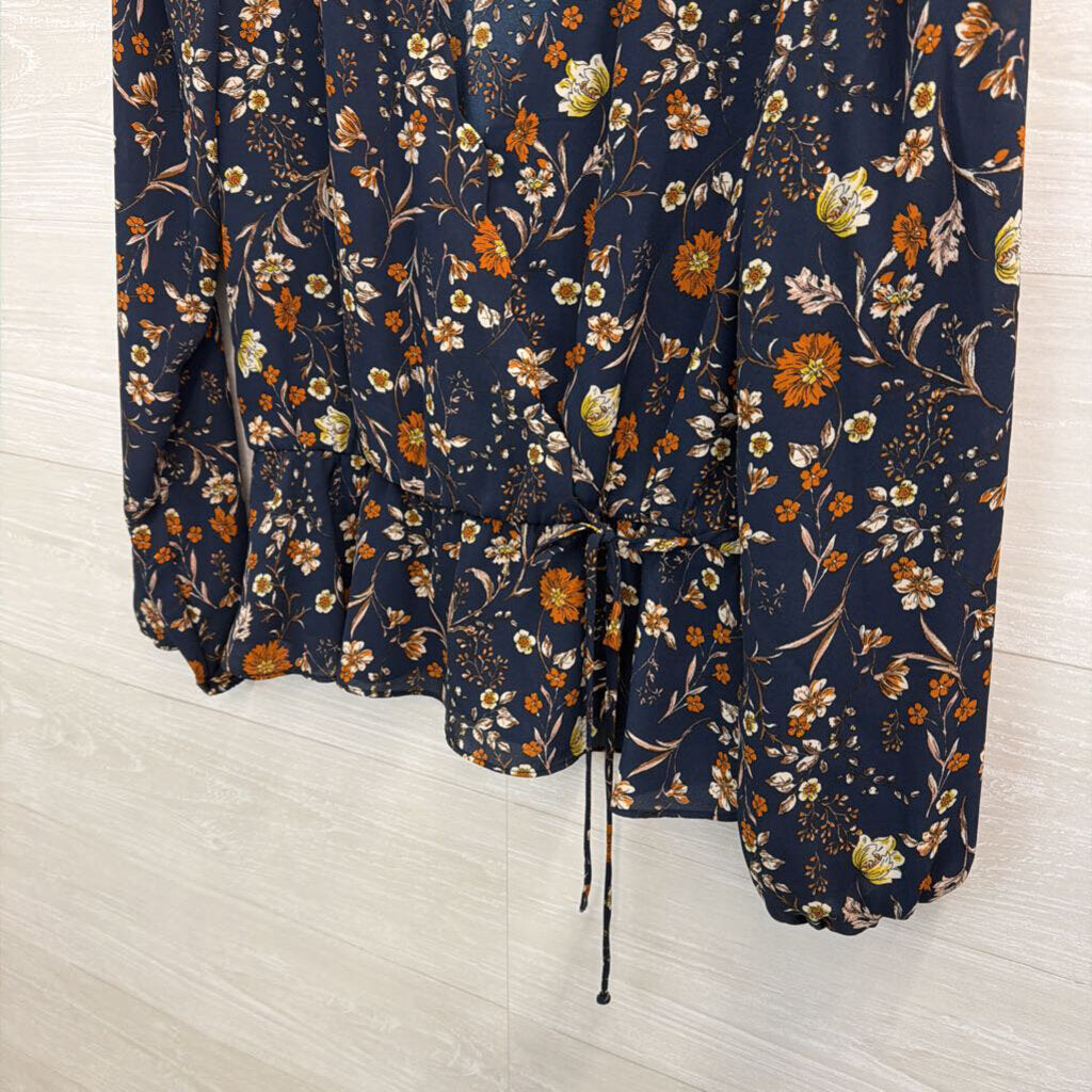 Nine Britton Navy/ Brown Flower Print Long Sleeve Faux Wrap Top Small