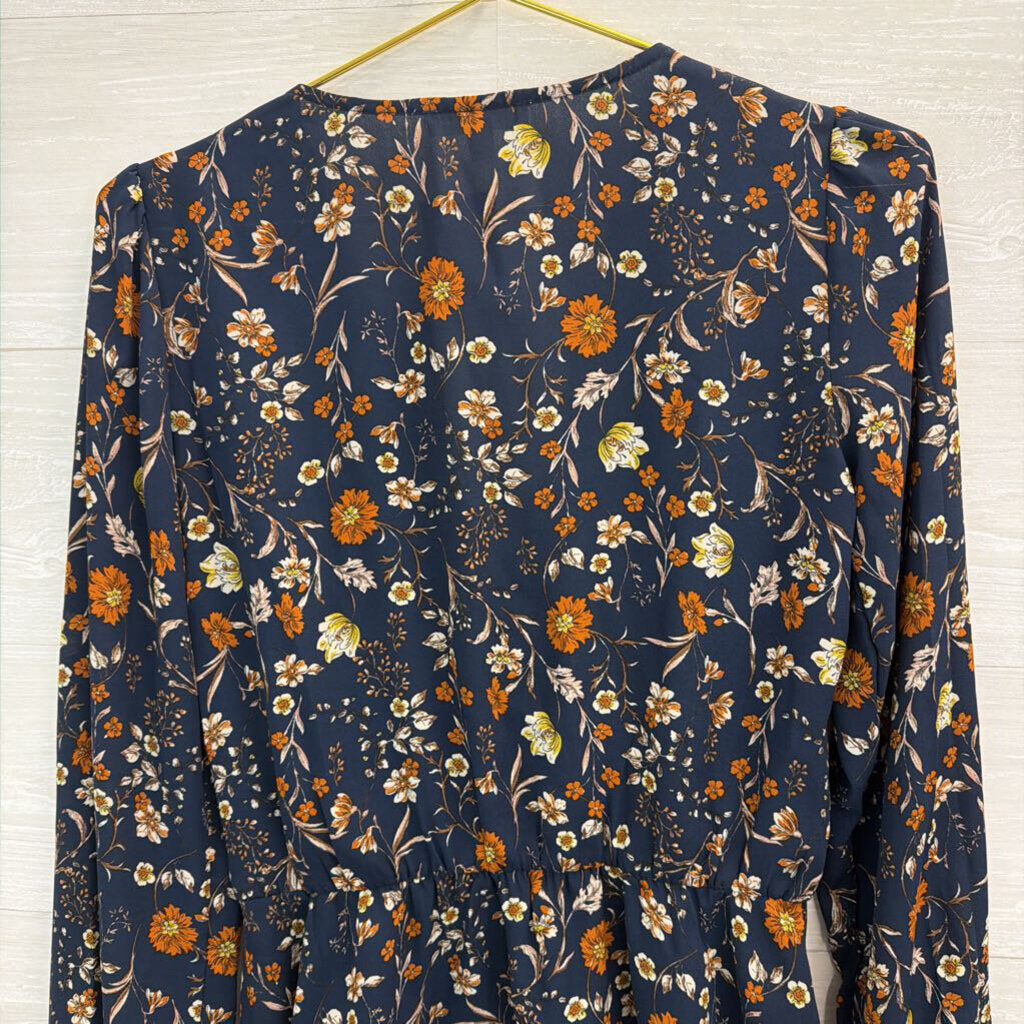 Nine Britton Navy/ Brown Flower Print Long Sleeve Faux Wrap Top Small
