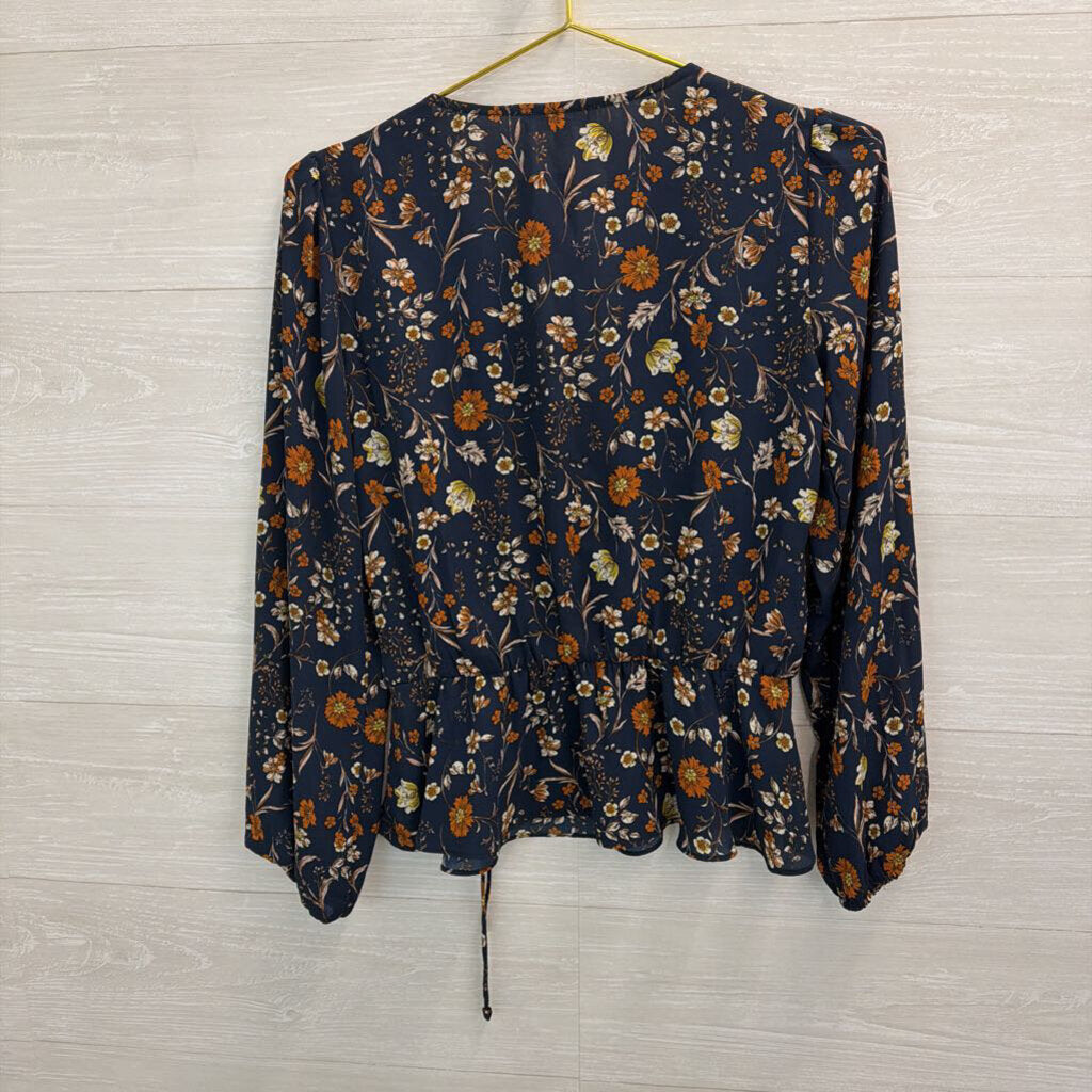 Nine Britton Navy/ Brown Flower Print Long Sleeve Faux Wrap Top Small