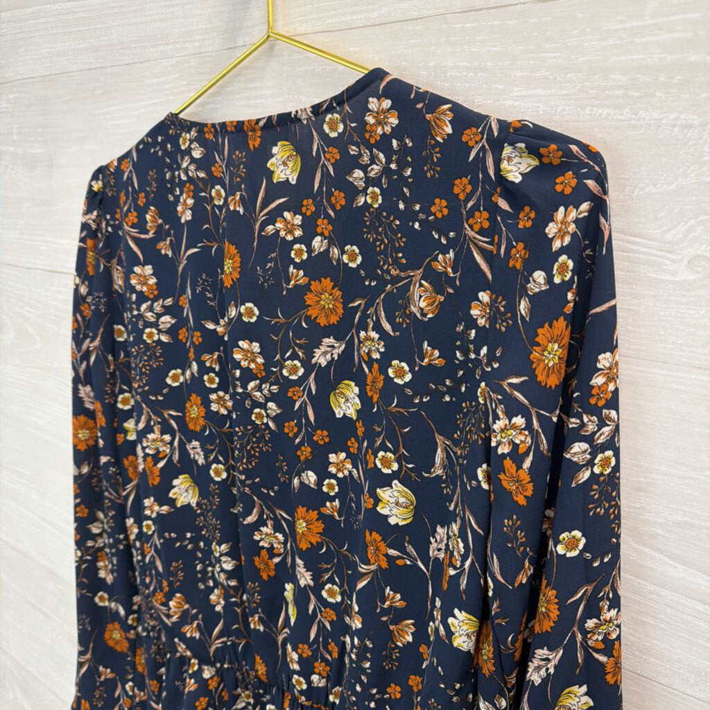 Nine Britton Navy/ Brown Flower Print Long Sleeve Faux Wrap Top Small