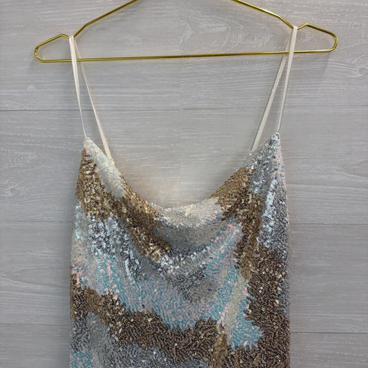 Gold/ White/ Silver Sequin Print Short Formal Dress Medium