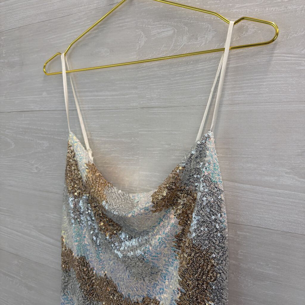 Gold/ White/ Silver Sequin Print Short Formal Dress Medium