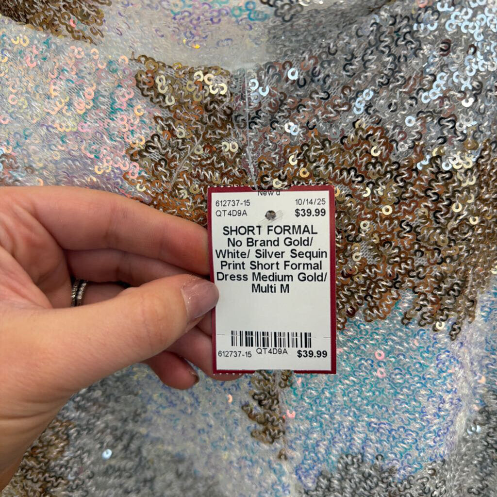 Gold/ White/ Silver Sequin Print Short Formal Dress Medium