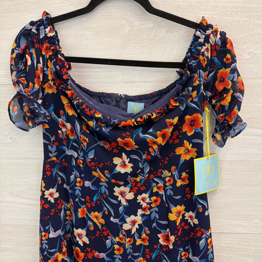 CeCe Blue/ Orange Flower Print Short Puff Sleeve Dress 4