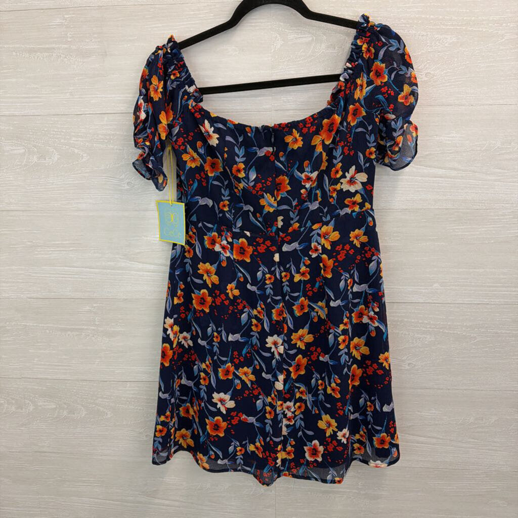 CeCe Blue/ Orange Flower Print Short Puff Sleeve Dress 4