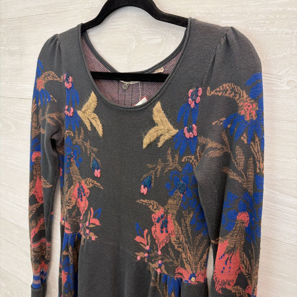 Knitted and Knotted Grey/ Blue Print Long Sleeve Sweater Dress Extra Small