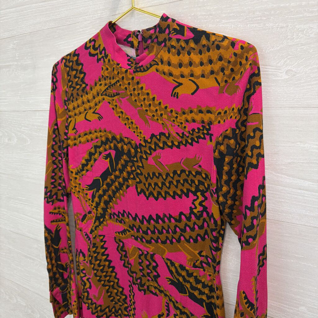 Farm Rio Pink/ Brown Animal Print Long Sleeve Dress Small
