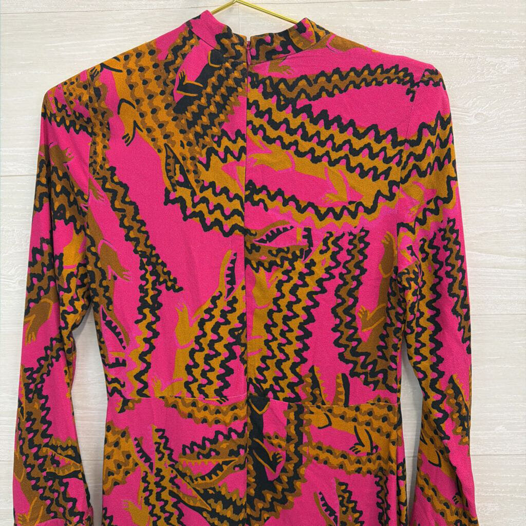 Farm Rio Pink/ Brown Animal Print Long Sleeve Dress Small