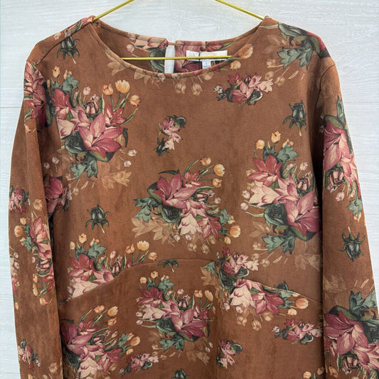 Brave and True Brown Suede Flower Print Long Sleeve Dress Large