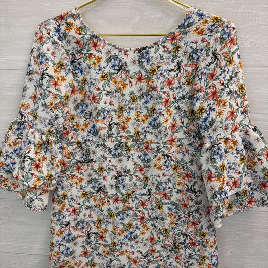 Zara White/ Multi Flower Print Bell Sleeve Dress Extra Small