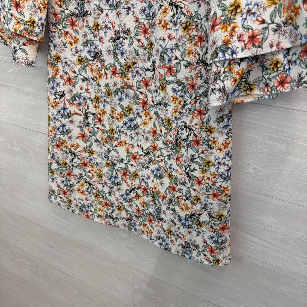 Zara White/ Multi Flower Print Bell Sleeve Dress Extra Small