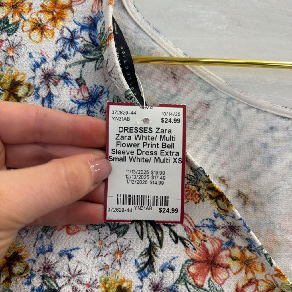 Zara White/ Multi Flower Print Bell Sleeve Dress Extra Small