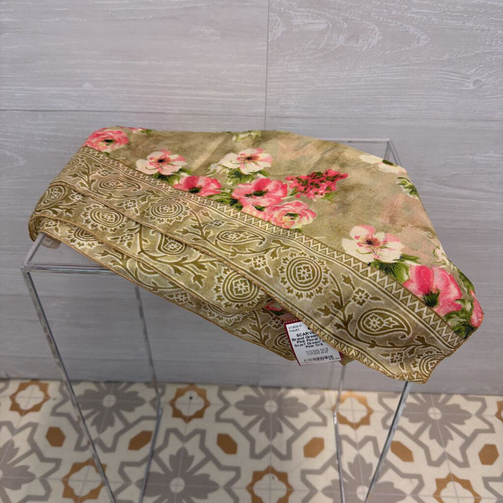 Green/ Gold/ Pink Floral Silky Scarf