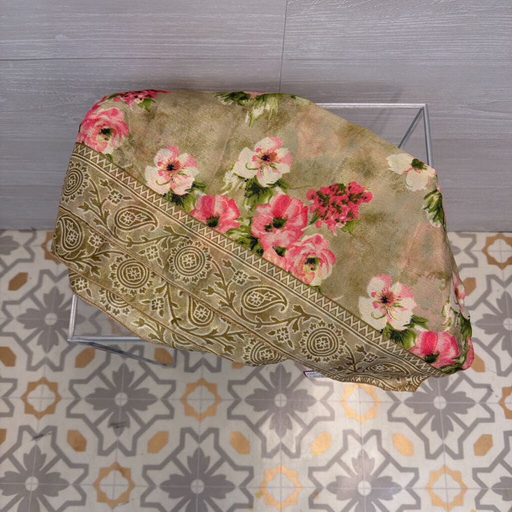 Green/ Gold/ Pink Floral Silky Scarf