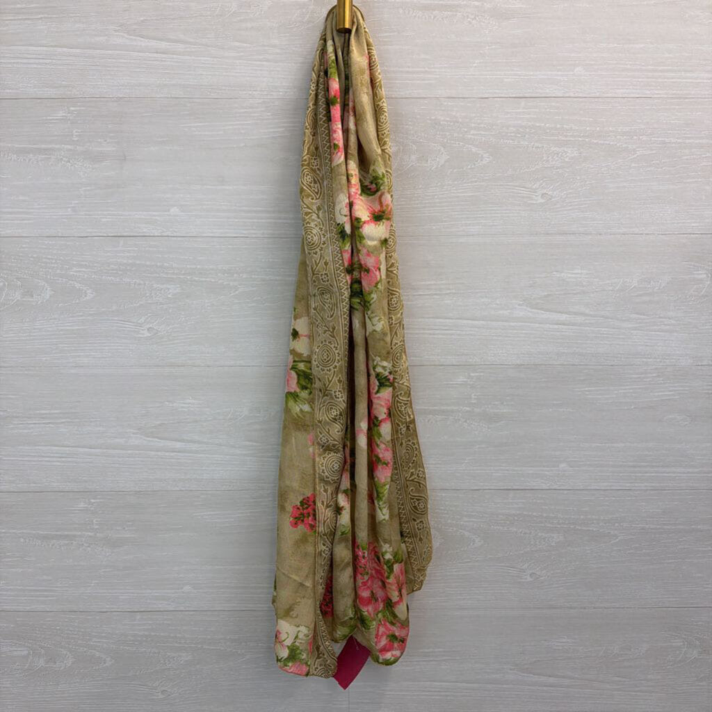 Green/ Gold/ Pink Floral Silky Scarf