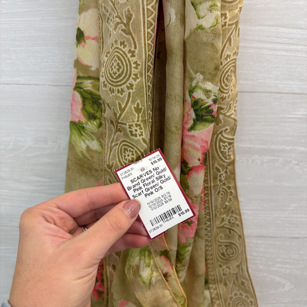 Green/ Gold/ Pink Floral Silky Scarf