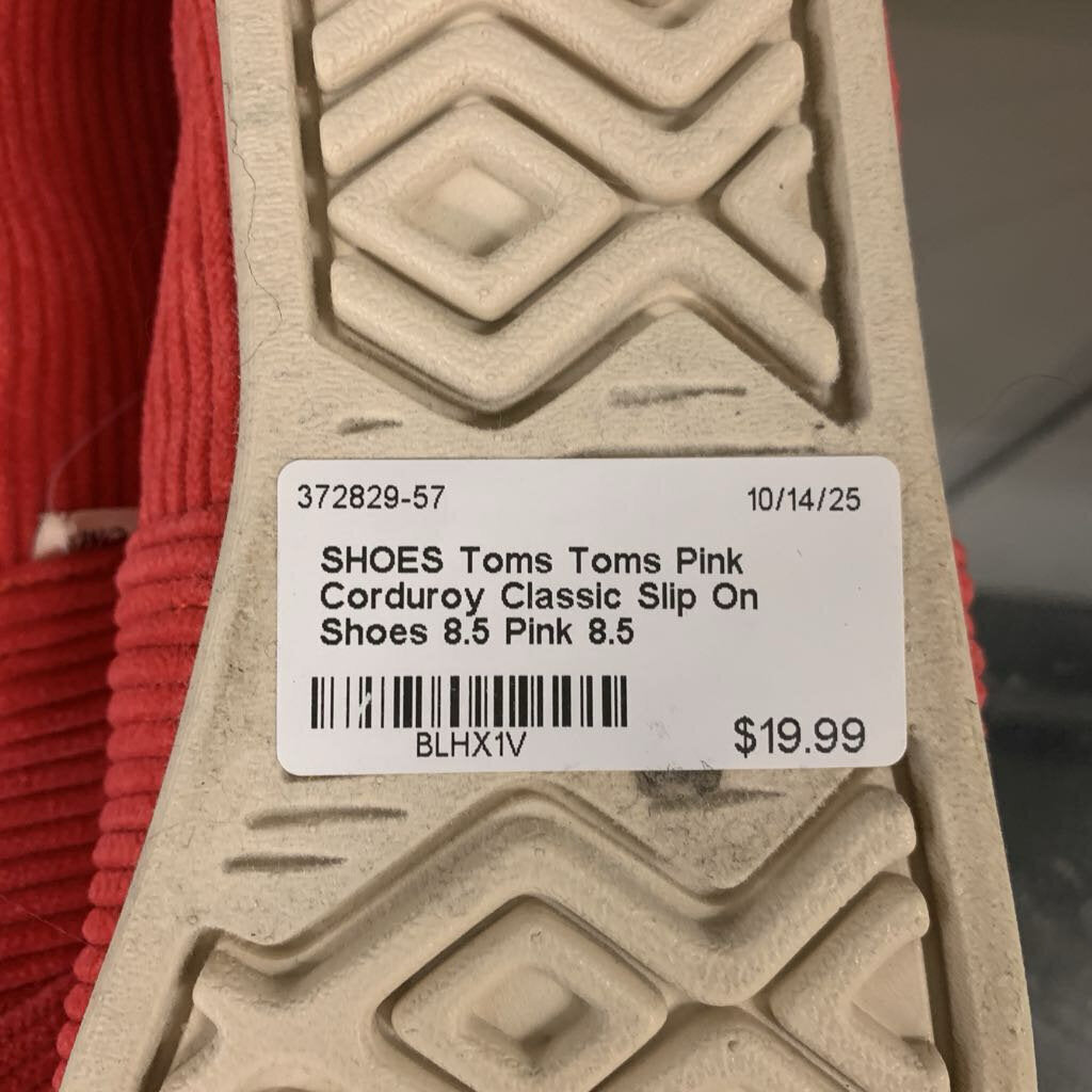 Toms Pink Corduroy Classic Slip On Shoes 8.5