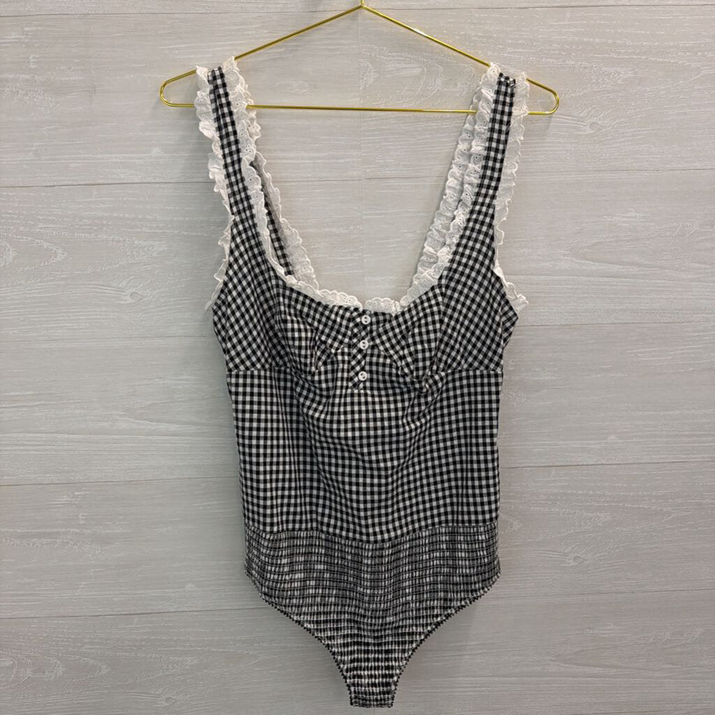 Intimately Free People Black/ White Gingham Eyelet Trim Bodysuit Medium