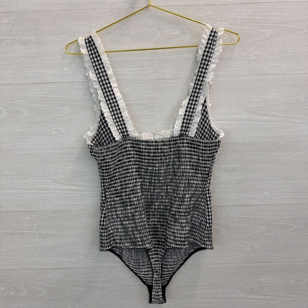 Intimately Free People Black/ White Gingham Eyelet Trim Bodysuit Medium