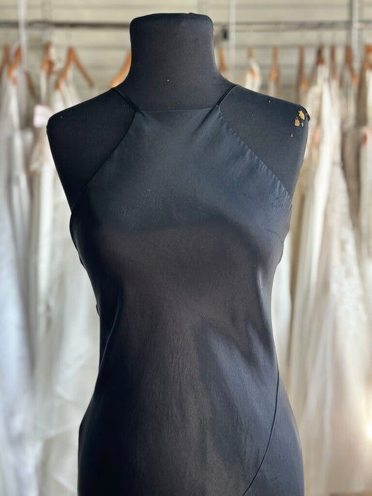 ABS Black Satin Slinky Highneck Long Formal Dress 4