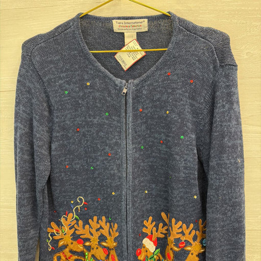 Christmas Reindeer Navy Zip Sweater Large