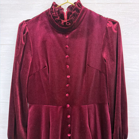 Lai Meng Burgundy Velour Ruffle Collar Dress