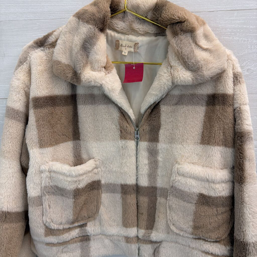 Altar'd State Cream/ Brown Soft Fuzzy Plaid Zip Front Jacket Small