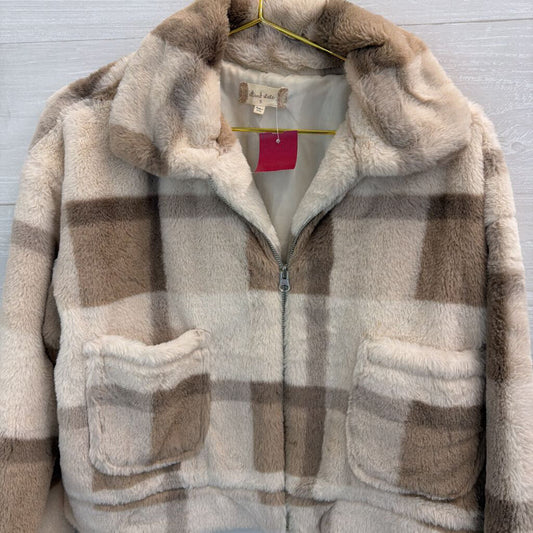 Altar'd State Cream/ Brown Soft Fuzzy Plaid Zip Front Jacket Small