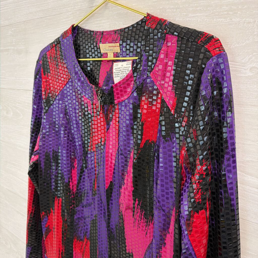 Vintage Choices Purpple/ Black/ Pink Sequin Print Zip Up Jacket Large
