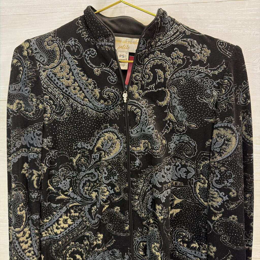 Vintage Jeanne Alexander Black/ Silky Sparkle Paisley Print Zip Up Jacket Small Petite
