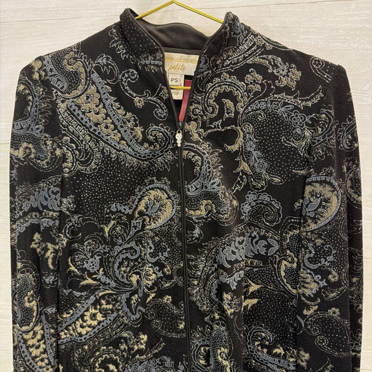 Vintage Jeanne Alexander Black/ Silky Sparkle Paisley Print Zip Up Jacket Small Petite