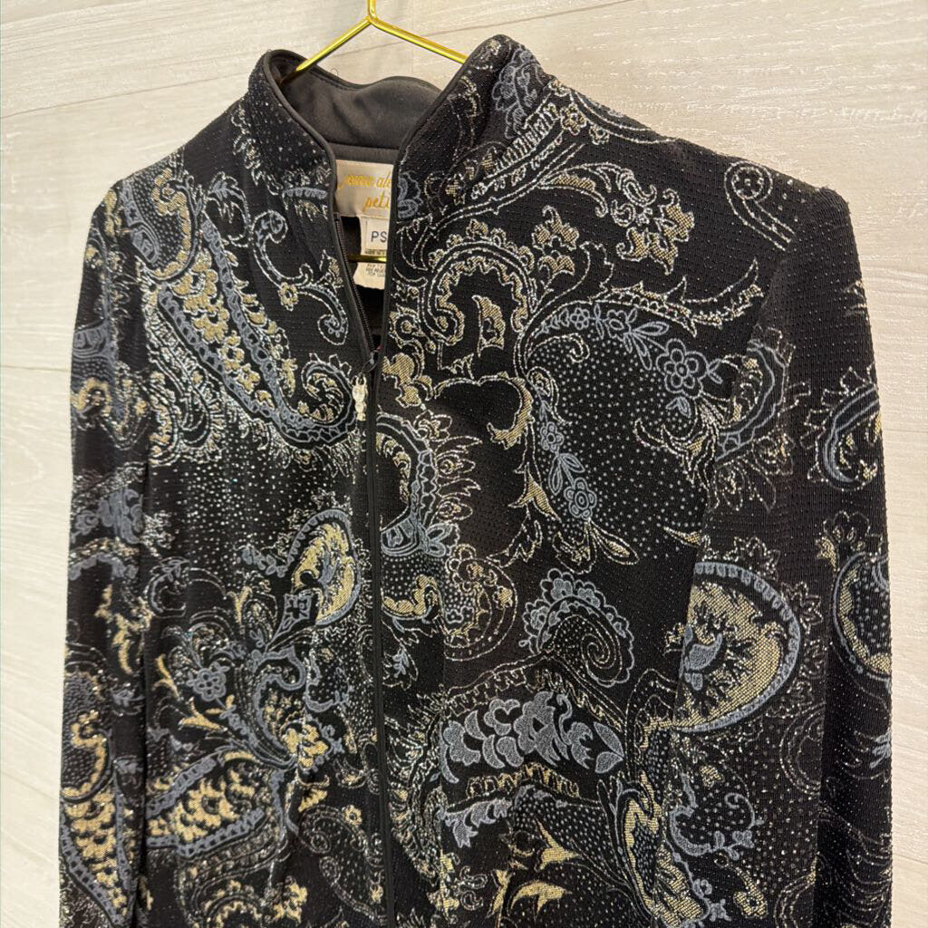 Vintage Jeanne Alexander Black/ Silky Sparkle Paisley Print Zip Up Jacket Small Petite